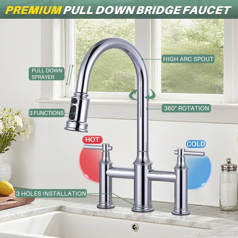 WOWOW Double Handle Pull Down Sprayer Bridge Kitchen Faucet