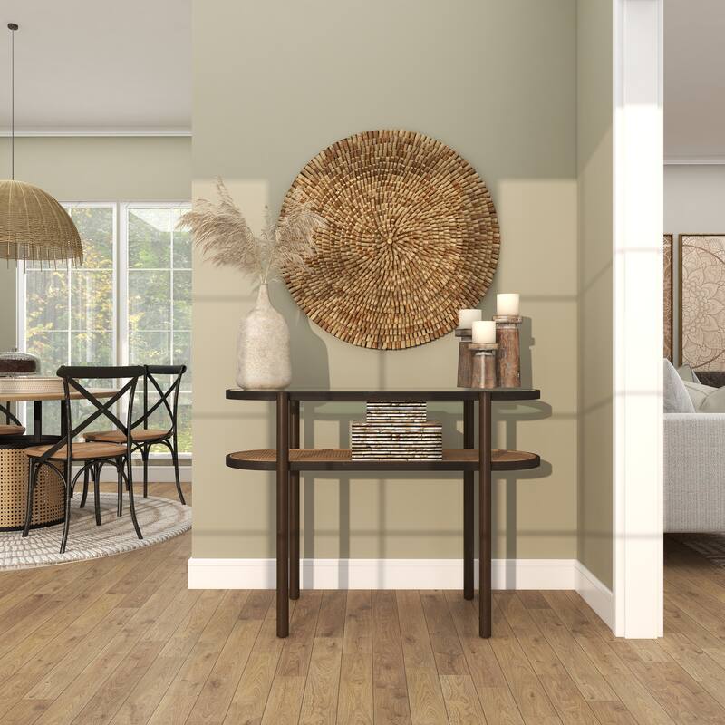 Rattan Oval 1 Shelf Console Table with Pressed Tempered Glass Top and Metal Legs - Brown - Roche River Decor