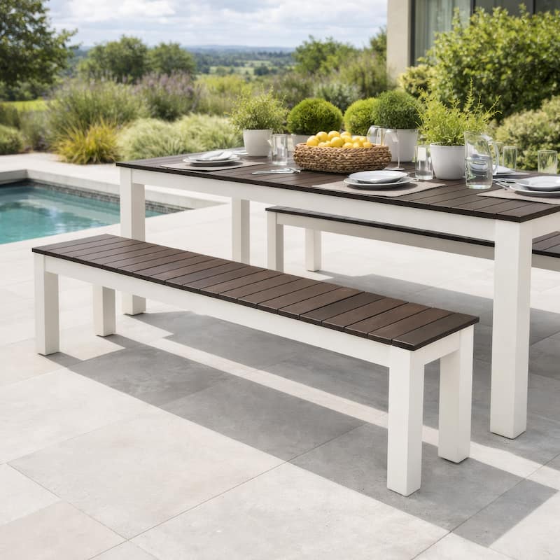Eltan Outdoor Dining Bench Set of 2, Dark Brown and White Wood 62 Inch