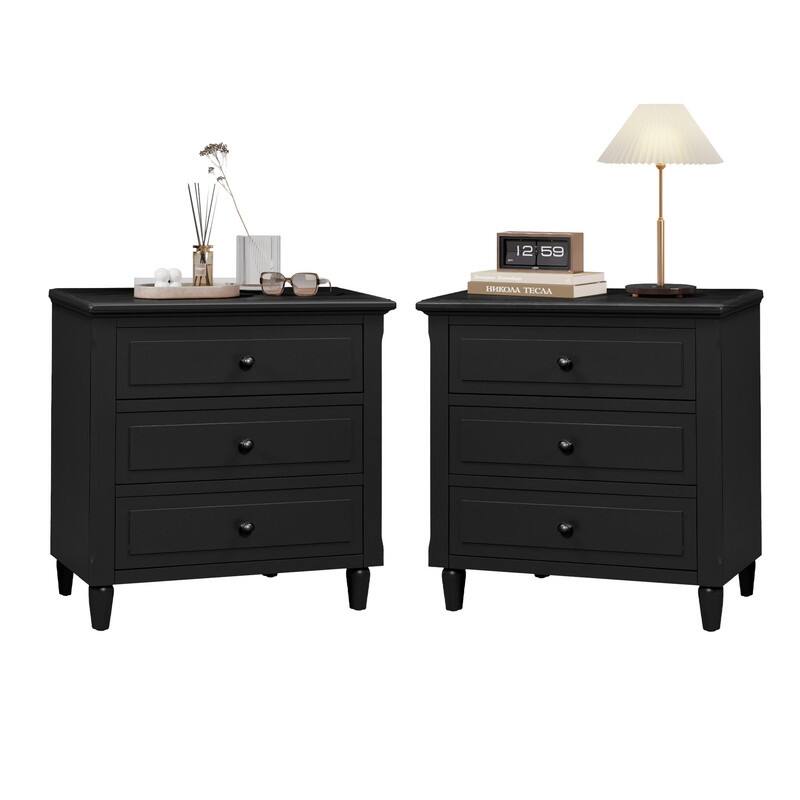 Elegant 3-Drawer Nightstand (Set of 2) Storage Cabinet Crafted from Solid Wood for Bedroom Organization
