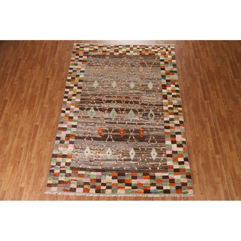 Hand Knotted Oriental 100% Wool Carpet Tribal Checkered Brown Moroccan Area Rug - 9' 10'' X 6' 10''