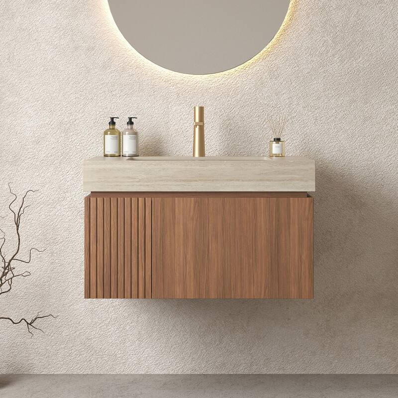 30"/36"/48" Wall-Mounted Bathroom Vanity with Ceramic Sink, Sintered Stone Countertop Floating Bathroom Storage Cabinet - Beige,Brown Oak - 30 Inch