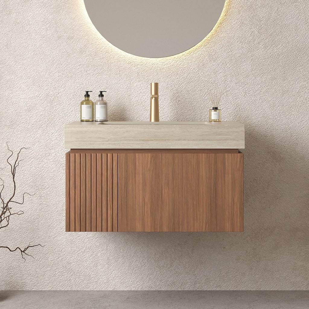 GDFStudio - Muri 30" Floating Bathroom Vanity with Travertine-Pattern Sintered Stone Countertop & Basin, WITHOUT Faucet