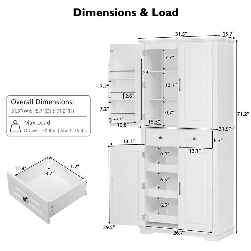 Kitchen Pantry Storage Cabinet Cupboard with 3 Pull Out Organizers