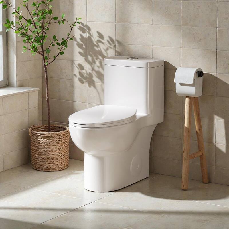 One Piece Tornado Flush Toilet ADA Height 17 Inch. Dual Flush 1.1 1.6 GPF. Rimless Bowl. Soft Close Seat - Gloss White