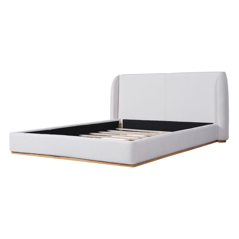 White Low Profile Platform Bed Ground Bed Boucle Frame with Upholstered Wingback Headboard