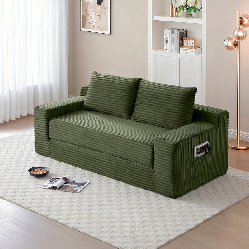 Anmytek Corduroy Memory Foam Cloud Loveseat Convertible Sofa Bed No Assembly Compressed Floor Lounge - Green