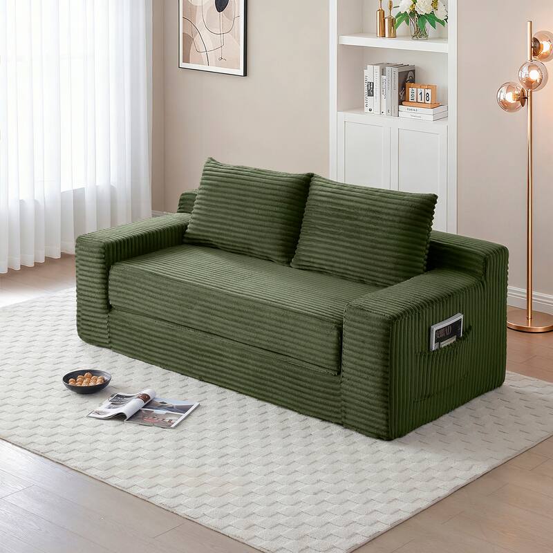 Memory Foam Cloud Loveseat Sofa, 2 in 1 Convertible Folding Couch Bed, No Assembly Compressed Corduroy Floor Lounge Sofa - Green
