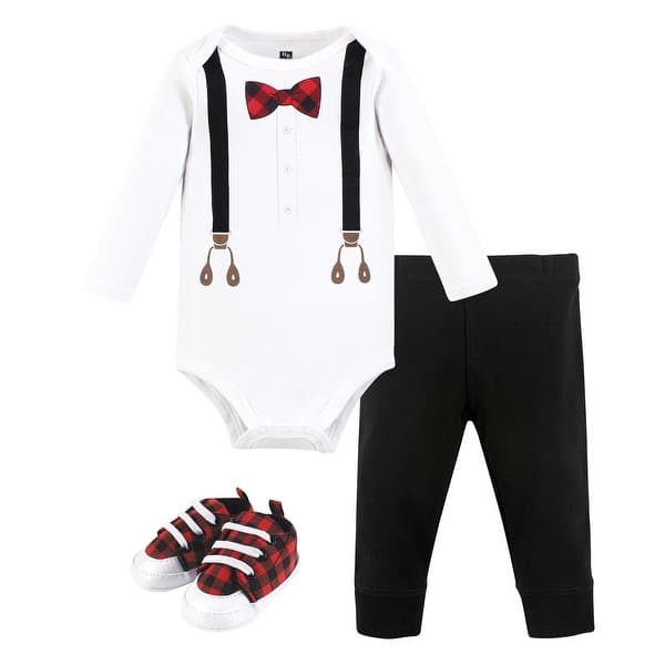 slide 1 of 1, Hudson Baby Infant Boy Cotton Bodysuit, Pant and Shoe Set, Buffalo Plaid Bow Tie 0-3 Months - Buffalo Plaid Bow Tie