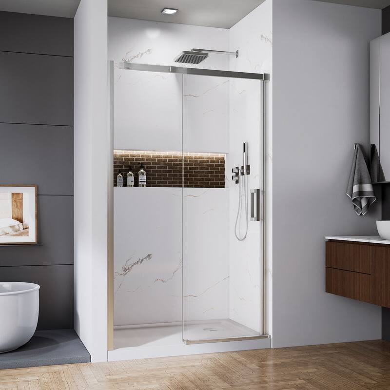 48" x 74" Glass Shower Door Framed Sliding Adjustable Brushed Nickel Clear Shower Enclosure with Hardware Kit
