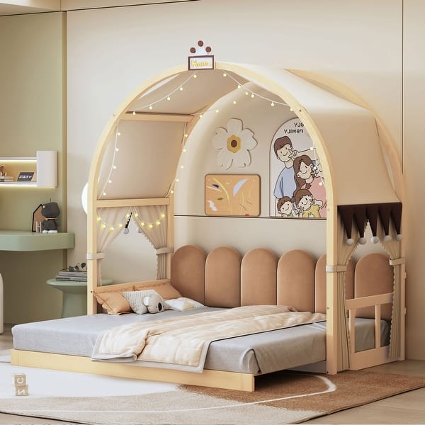 slide 2 of 58, Wood Twin Size Bed Frame with Arched Roof, Floor Bed with Light and Curtain, Pull-out Kids Bed for Girls Boys Bedroom Natural