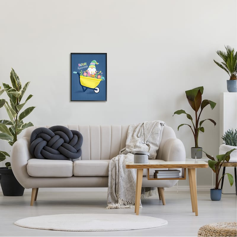 Stupell Bloom Happiness Phrase Yellow Flower Wagon Gnome Framed Wall Art - Blue