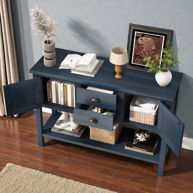 48" Solid Wood Sideboard Console Table with Drawers, Cabinets and Bottom Shelf, Retro Buffet Storage Cabinet