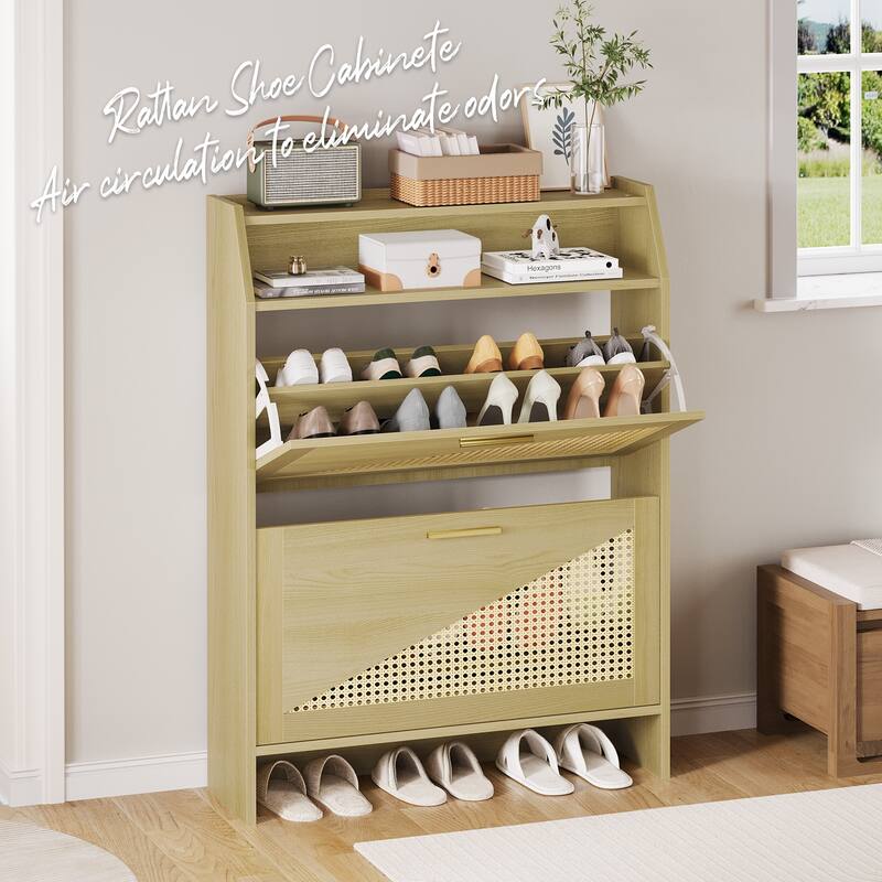 Rossetta Boho Chic 5-Flip Drawers Wooden Narrow Shoe Rack Organizer Cabinet with Visual Top Shelf