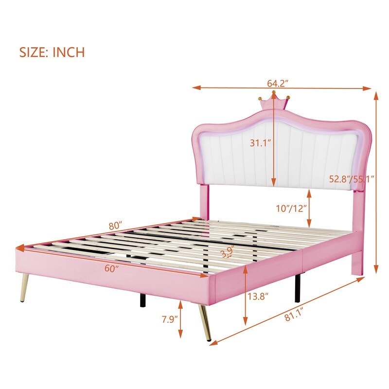 Upholstered Smart LED Bed Frame with Crown Headboard Twin Full