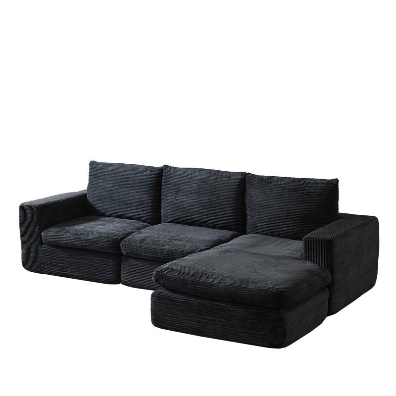 L-Shaped Sectional Sofa with Chaise Lounge, Corduroy Upholstered Boneless Couch, Module Corner Sofa with 3 Pillows