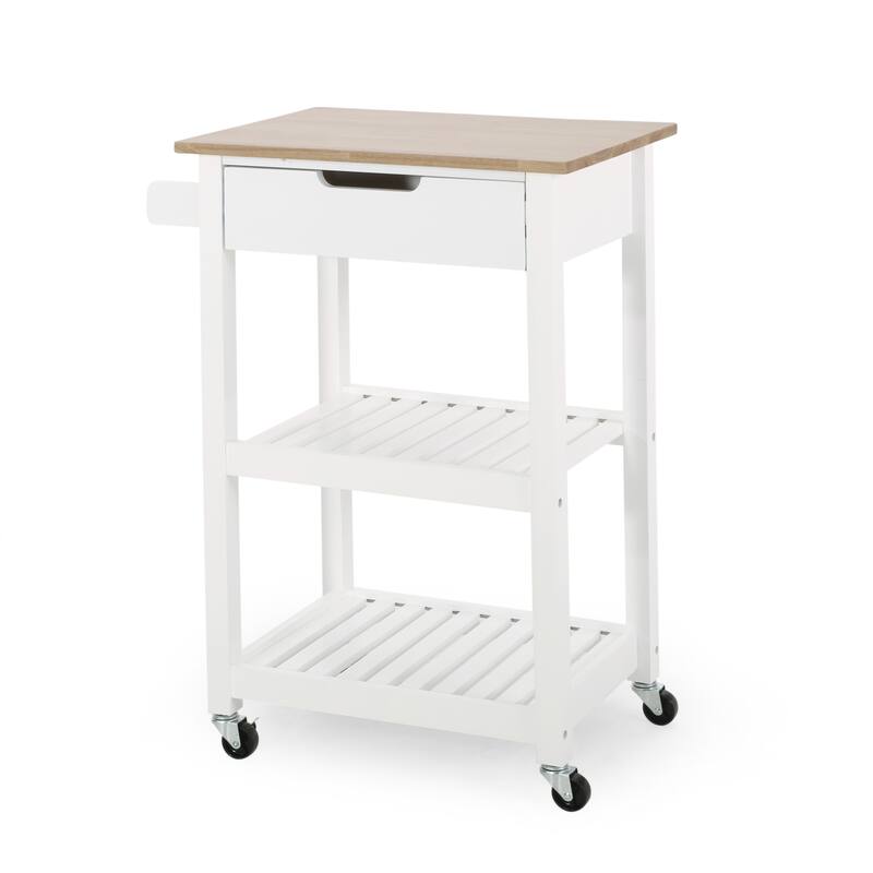 Contemporary Multifunctional Kitchen Cart with Rubberwood Top, Open Slat Shelving, Rolling Casters, Drawer and Towel Holder
