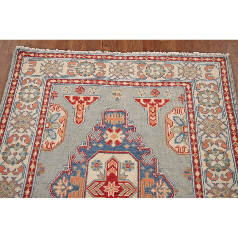 Geometric Kazak Oriental Accent Rug Hand-Knotted Blue Wool Carpet - 3'5"x 4'10"