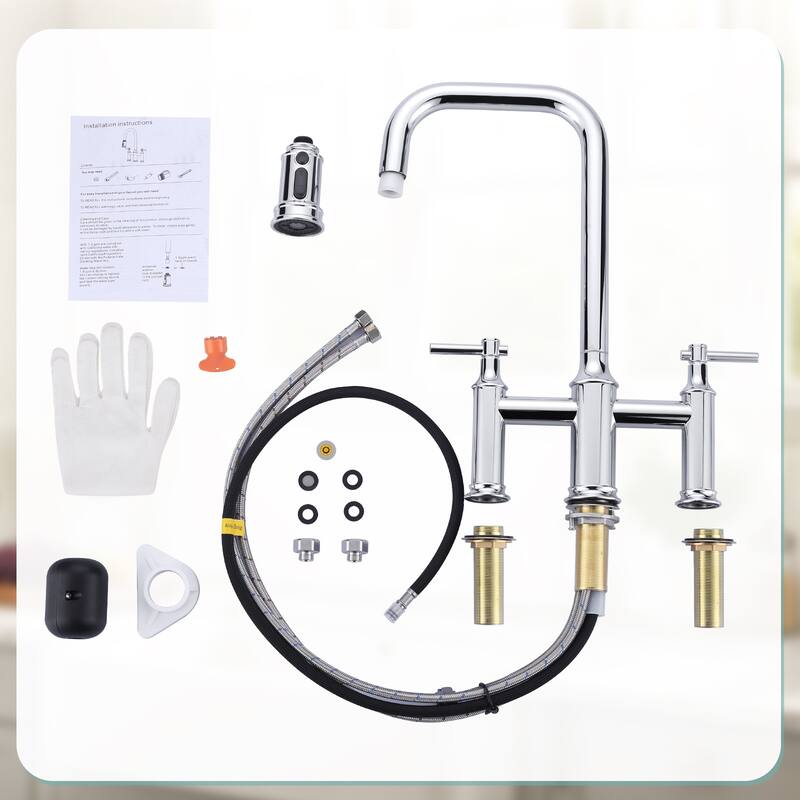 WOWOW Double Handle Bridge Kitchen Faucet with Advanced Spray