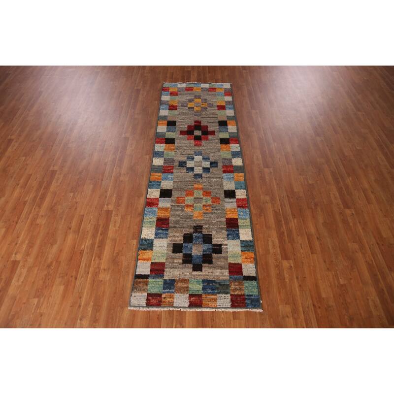 Moroccan Oriental Runner Rug Handmade Checkered Wool Carpet - 3'1" x 9'10"