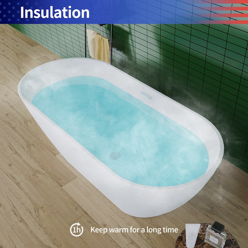 RAINLEX Oval Shaped Acrylic Freestanding Bathtub, Acrylic Glossy White Soaking Tub with Overflow and Pop-up Drain