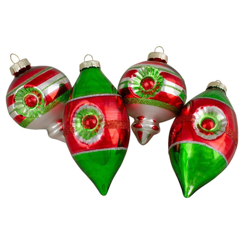 4ct Red Green and Silver Vintage Glass Christmas Ornaments 3.25-Inch (80mm) - 3.25"