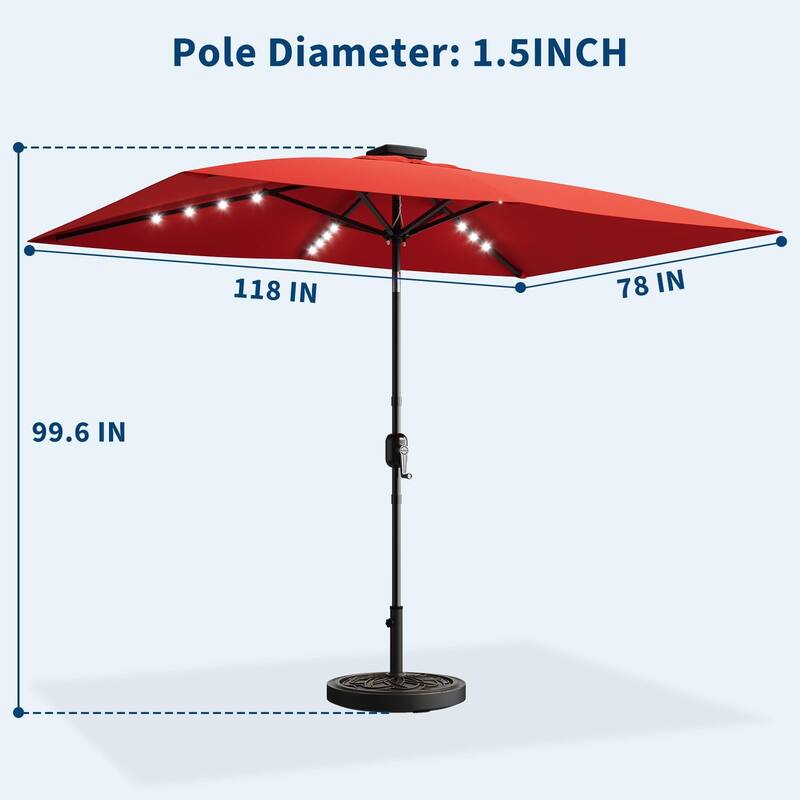10 x 6.5 ft Solar Rectangular Patio Umbrella, with LED Lights