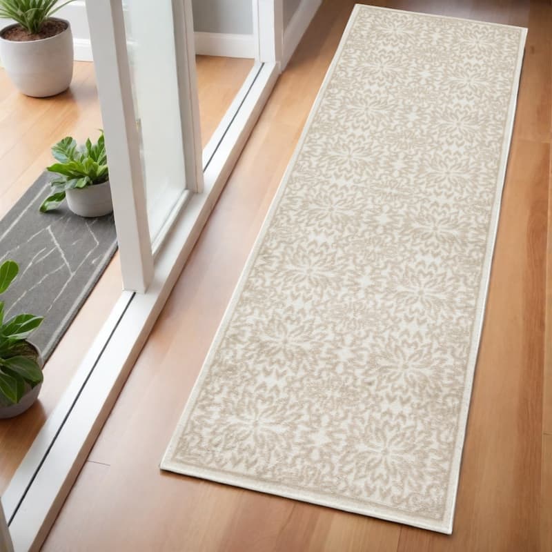 Bemak Power Loomed Abstract Floral Traditional Non Skid Stain Resistant Area Rug By HomeRoots - 72' X '24' X '0.5 - 72' X '24' X '0.5 - Cream/Onyx - Runner