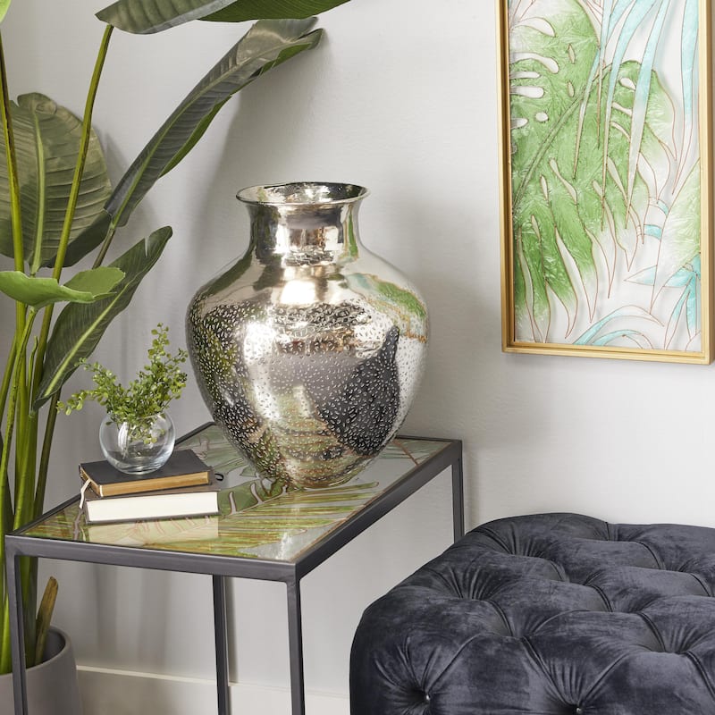 Aluminum Metal Round Engraved Decorative Vase - Silver - Roche River Decor