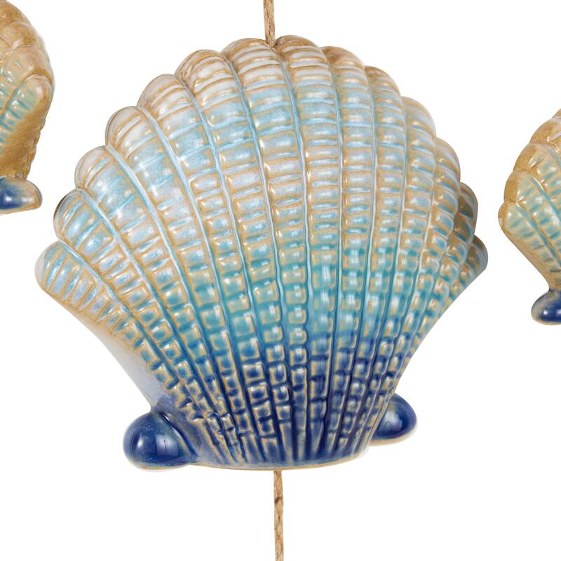 Blue Ceramic Handmade Ombre Shell Windchime with Driftwood and Bead Accents