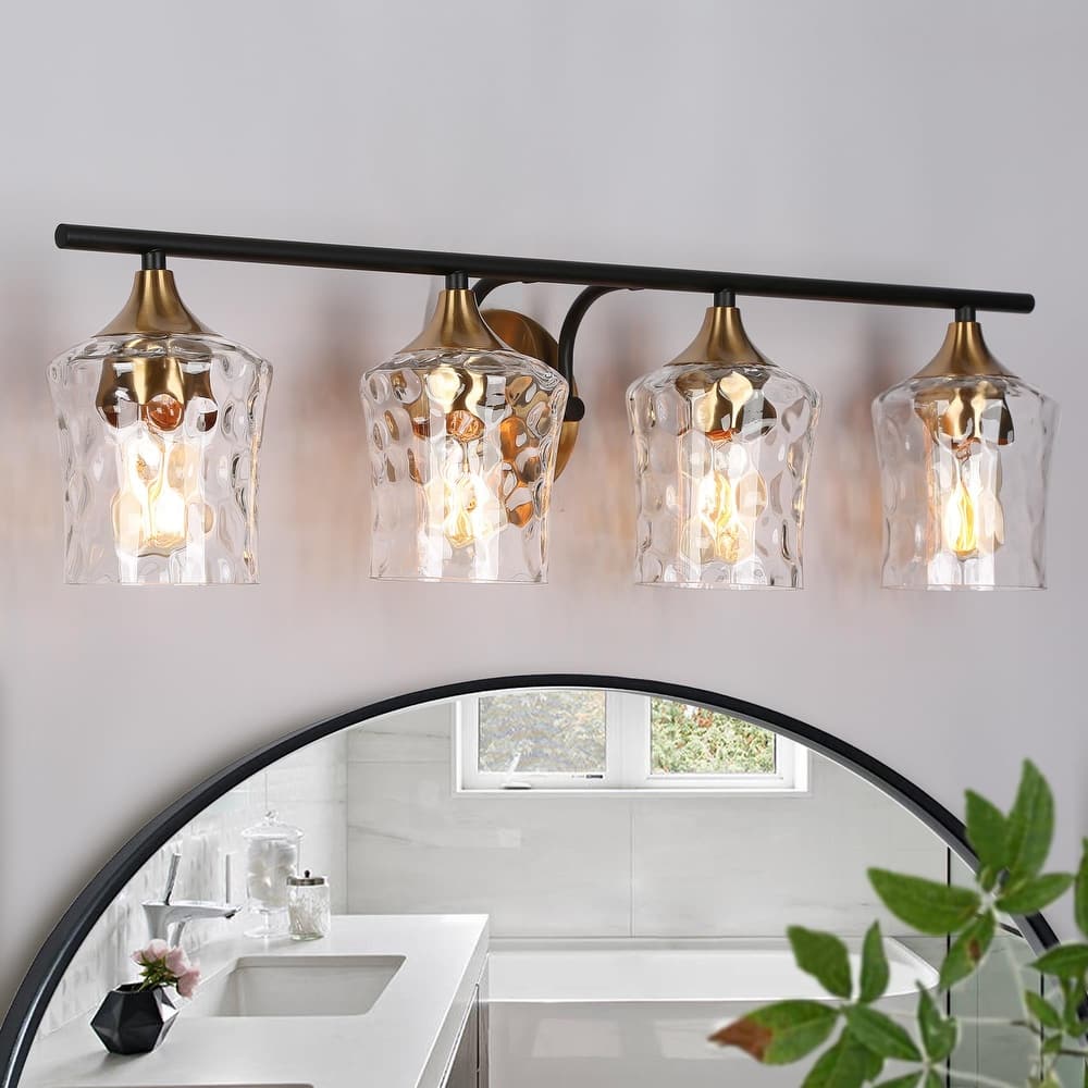 2/3/4-Light Modern Gold Black Bathroom Vanity Light Wall Sconce with Hammered Glass