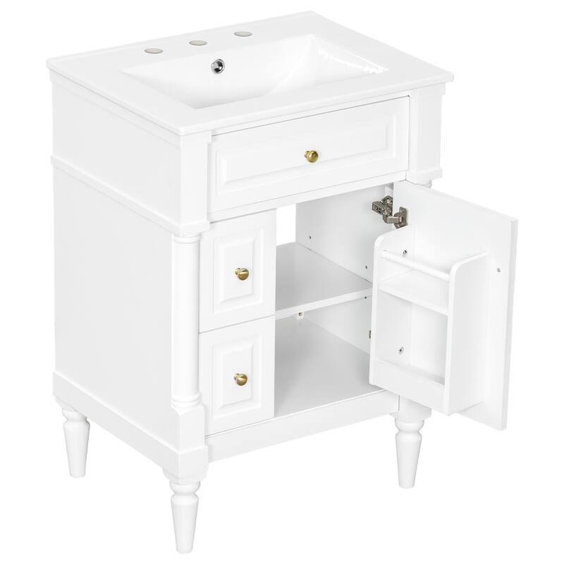 Roomfitters 24" Bathroom Vanity with Sink, Solid Wood Frame, Flip Drawer, 2 Drawers & Door Rack