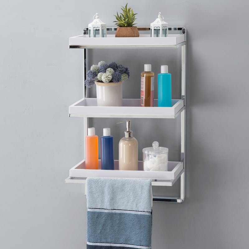 Wall Mount 3-Tier White and Chrome Bathroom Shelf with Towel Bar