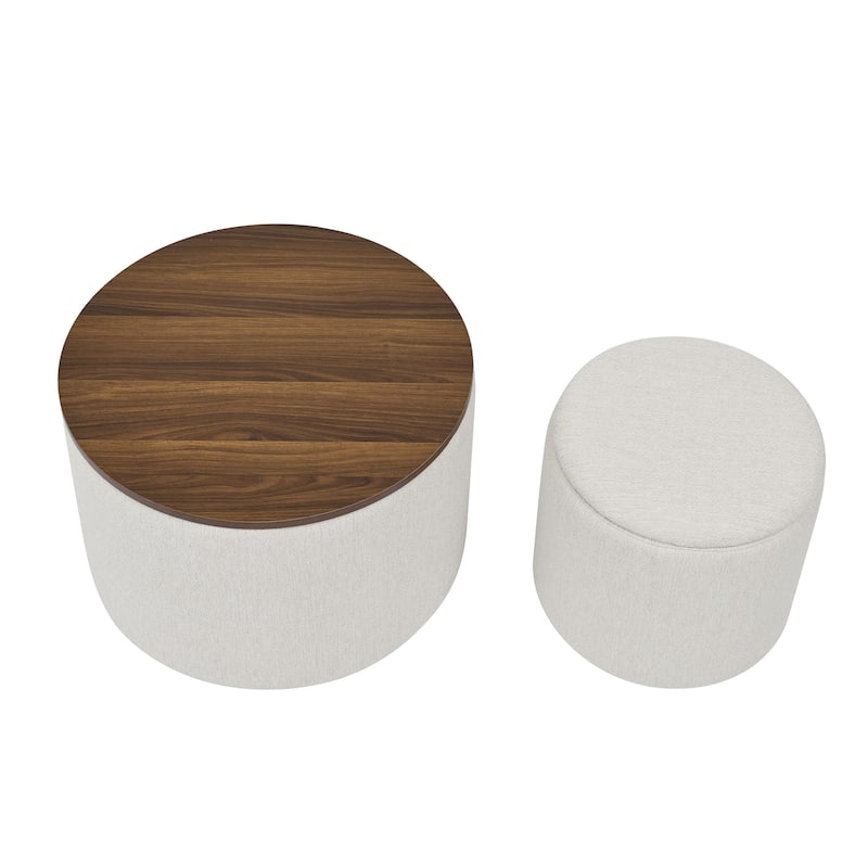 2Piece Set Round Chenille Storage Ottoman, Equipped with a Drum Shaped Small Stool