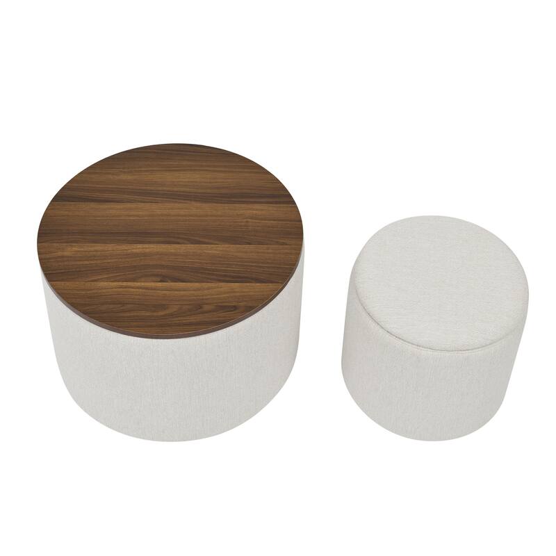 Roomfitters 2-Piece Round Chenille Storage Ottoman Set with Drum-Shaped Stool and MDF Top, Hidden Compartment