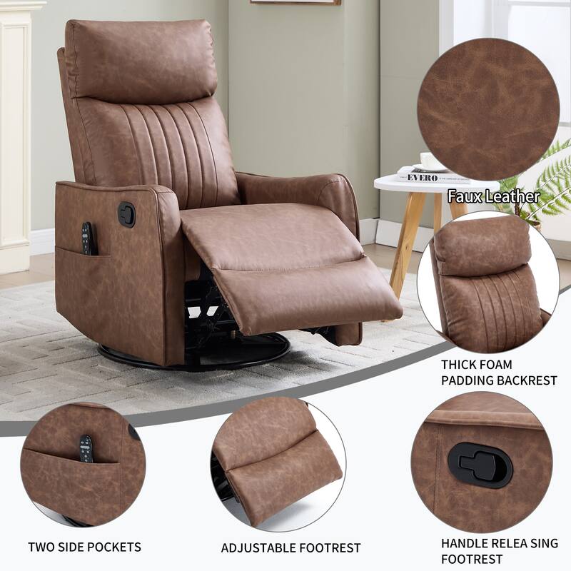 Heat Massage Manual Recliner Chair with Rocker and Swivel in Faux Leather for Living Room