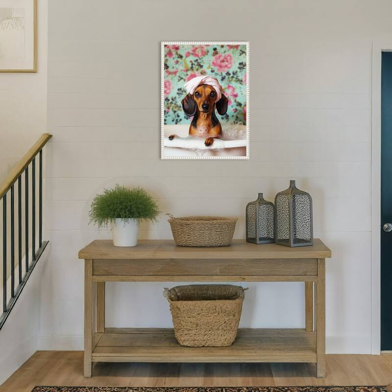 Bath Time Dachshund by Mowzu Framed Canvas Wall Art