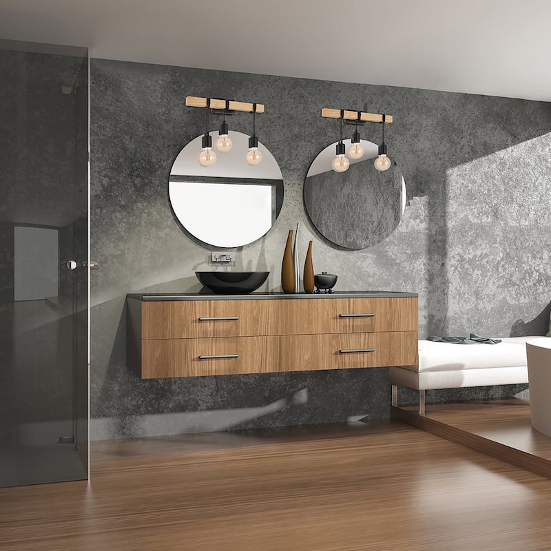Kingswood - 3-Light Open Bulb Wall Light - Natural Wood - Natural, Black
