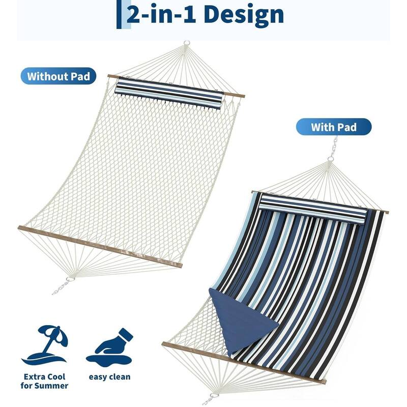 2 in 1 Outdoor Hammock with Cotton Rope and Polyester Pad for Patio, Backyard, Garden, Beach
