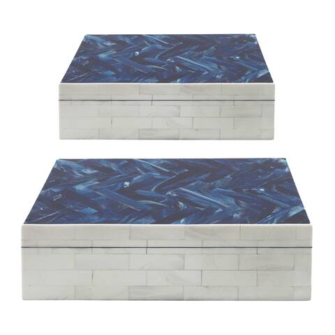 Resin Set of 2 Herringbone Boxes, Navy - 12.0" x 8.0" x 4.0"