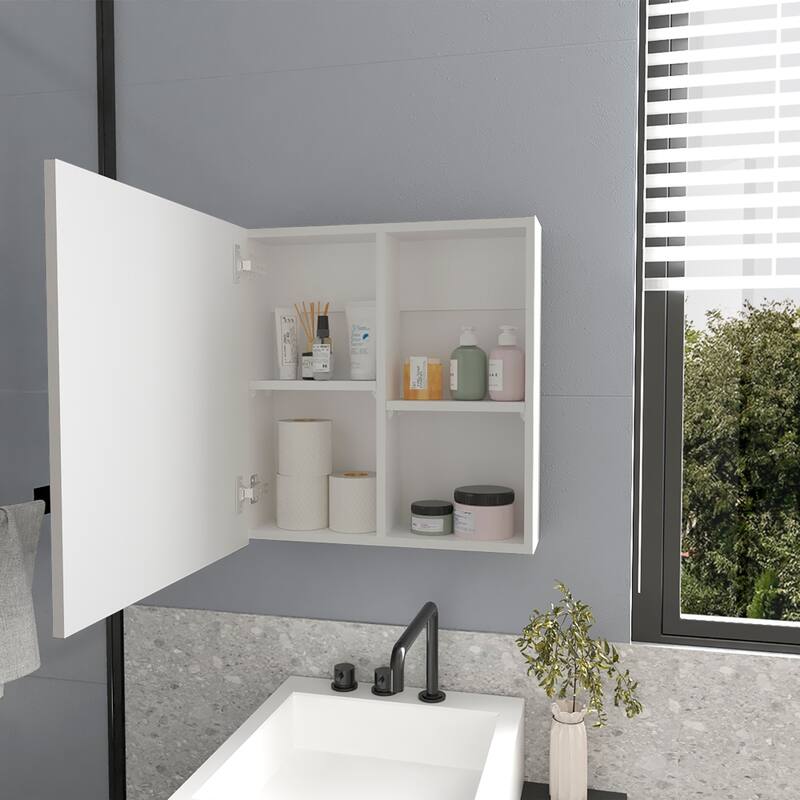 Clayton White Medicine Cabinet for Bathroom with Mirrored Door, Four Shelves, Space-Saving Design