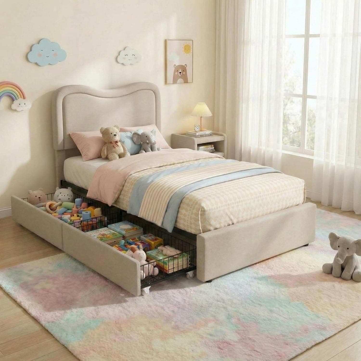 Bed Frame with 2 Storage Drawers,Bedroom Platform Bed with Headboard, No Box Spring Needed, Noise-Free, Easy to assemble