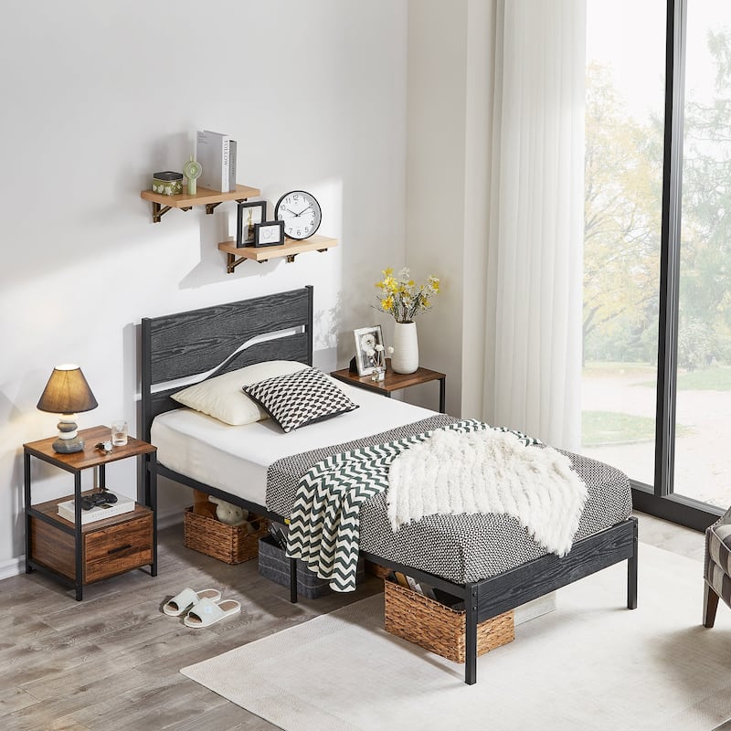 VECELO 2 Pack Twin Size Kids Bed Industrial Platform Bed Frame with MDF Curved Cutout Headboard Twin Size Bed Set of 2