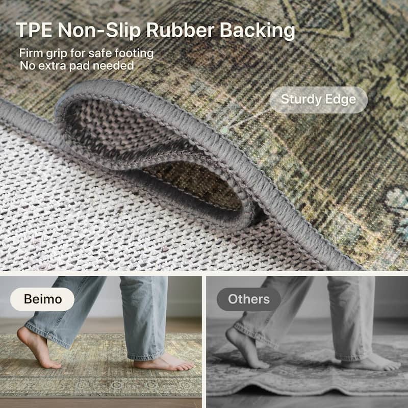 Mcow Sage Green Boho Pattern Ultra-Thin Low-Pile Washable Non-Slip Area Rug