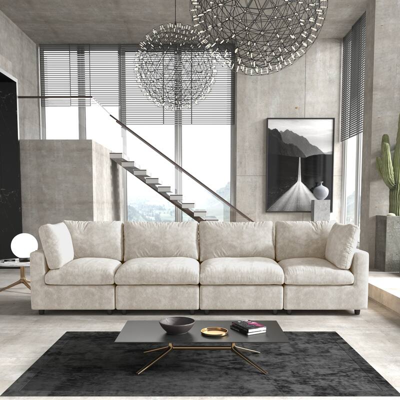 Minimalist Upholstered Cushion Sofa 4-Seater Chenille Modular Sectional Couch for Living Room - Beige
