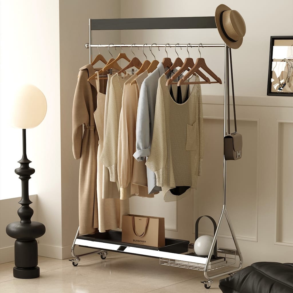 Antique American Style Clothes and Hat Rack with Storage Shelf, Portable Stainless Steel Floor Stand, for Bedroom