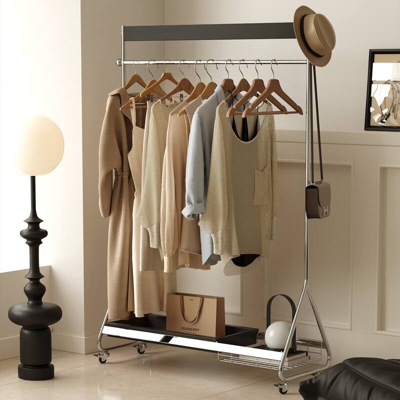 Antique American Style Clothes and Hat Rack with Storage Shelf, Portable Stainless Steel Floor Stand, for Bedroom - Black