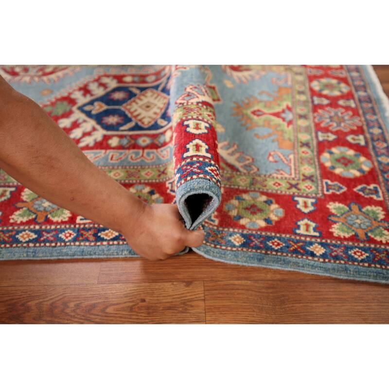 Light Blue Geometric Kazak Rug Entryway Hand-Knotted Wool Carpet - 3'1" x 4'11"