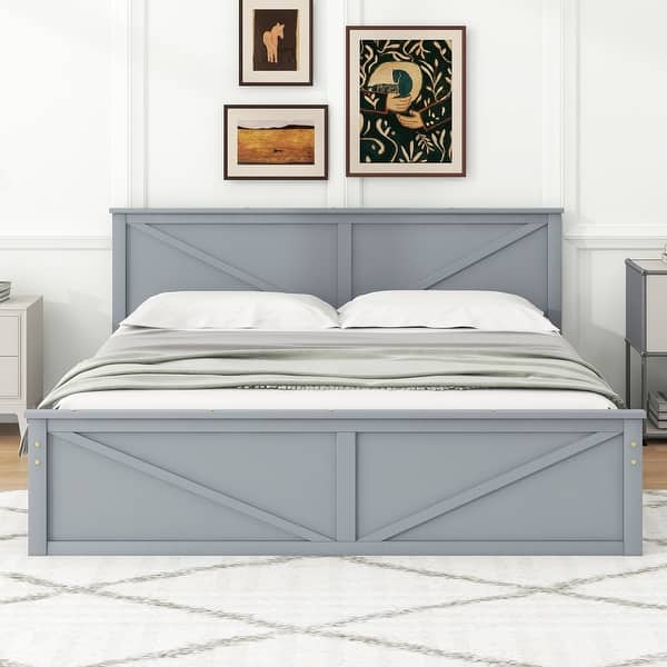 King Size Solid Wood Storage Bedframes w/4 Drawers, Gray Platform Beds