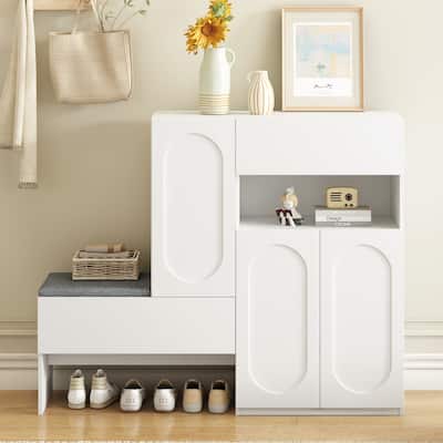 Shoe Cabinet with Bench for Entryway, Flip Drawers Shoe Rack Organizer with Adjustable Shelves, Arched Doors & Rebound Devices